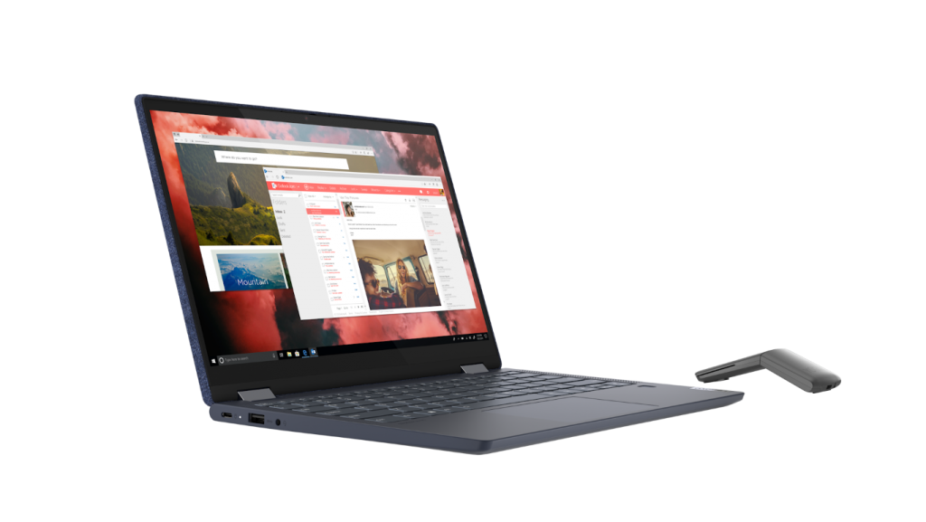 Lenovo Yoga 6 AMD Abyss Blue Fabric Facing Right with Yoga Mouse