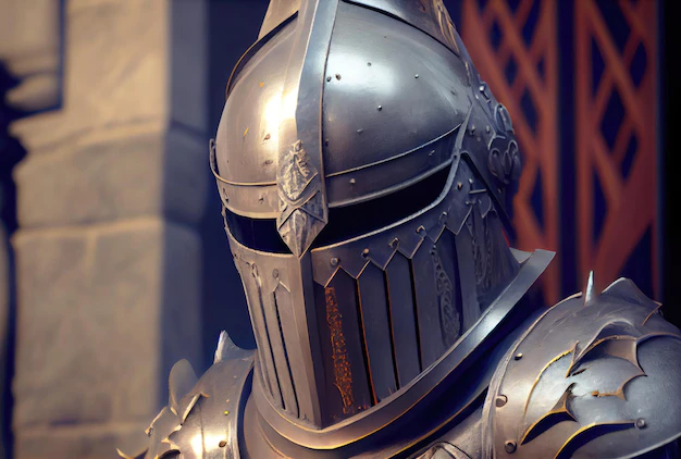 As semelhanças entre o capacete de Fórmula 1 e o elmo medieval 4 aproximacao do elmo de tiro na cabeca do cavaleiro em armadura guardando o plano de fundo do palacio conceito de guerra medieval e cruzadas generative ai 10307 2913