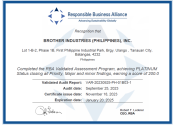 Brother Filipinas alcança certificação Platinum pela Responsible Business Alliance (RBA)