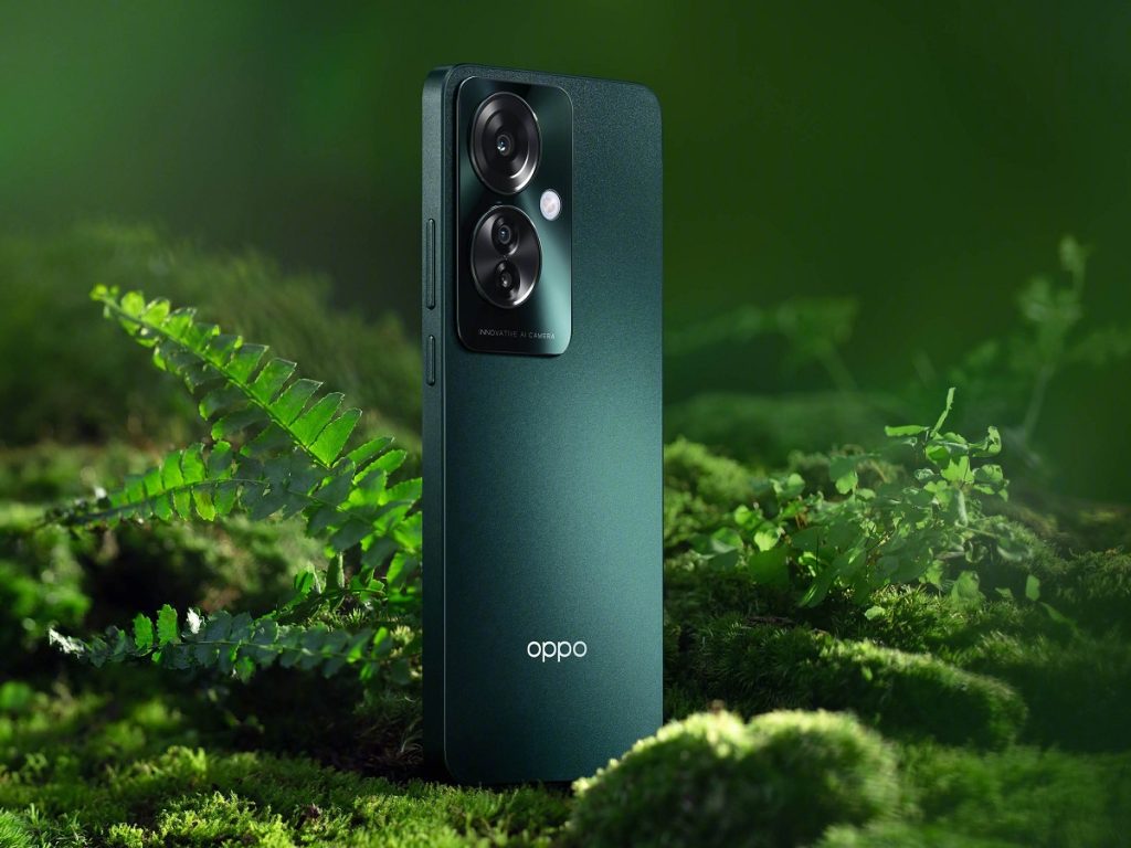 OPPO Reno11 F 5G palm green lifestyle crop