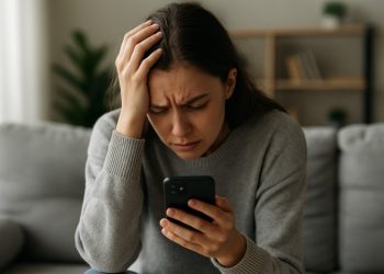 Jovem ansiosa com smartphone na mão, símbolo da geração ansiosa
