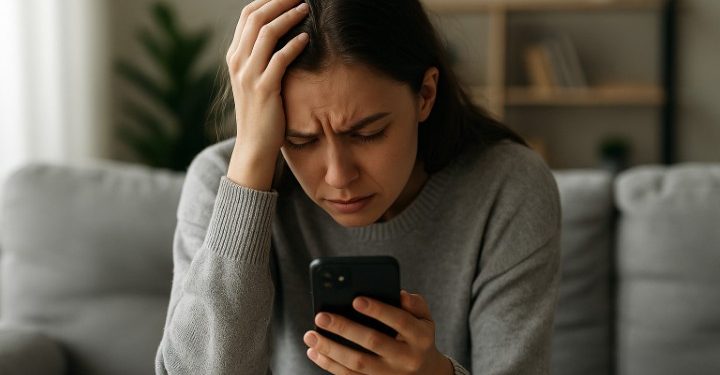 Jovem ansiosa com smartphone na mão, símbolo da geração ansiosa