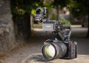 Canon EOS C50 em corpo compacto; EOS C50 com sensor full-frame 7K; EOS C50 com rig de produção.