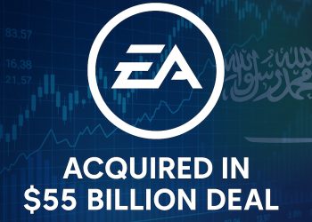 Logotipo da EA envolto em gráficos financeiros representando aquisição bilionária