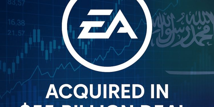 Logotipo da EA envolto em gráficos financeiros representando aquisição bilionária