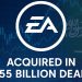 Logotipo da EA envolto em gráficos financeiros representando aquisição bilionária