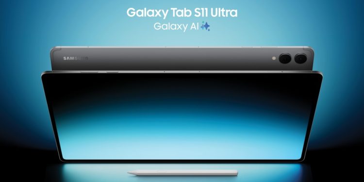 Samsung Galaxy Tab S11 Ultra com S Pen redesenhada em secretária moderna