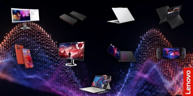 Lenovo Legion Go 2 com controladores TrueStrike destacáveis” / “Monitor Lenovo Legion Pro 32UD-10 OLED em jogo competitivo” / “Tablet Lenovo Yoga Tab com caneta Lenovo Tab Pen Pro” / “Lenovo LOQ Tower 26ADR10 com painel lateral transparente e iluminação ARGB