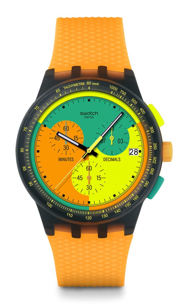 Swatch NEON 2025 ressuscitam os Anos 80 e 90 3 SWATCH NEON SIGNAL FLAG sa28 SUSB422 130 euros