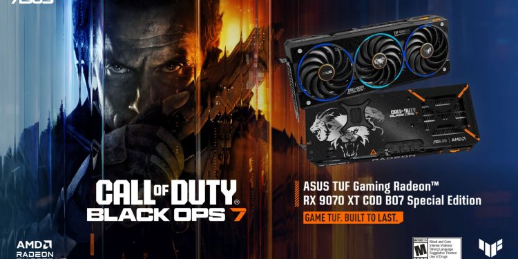 Placa gráfica ASUS TUF Gaming Radeon RX 9070 XT Call of Duty Black Ops 7 Edition com design em preto e detalhes em laranja.