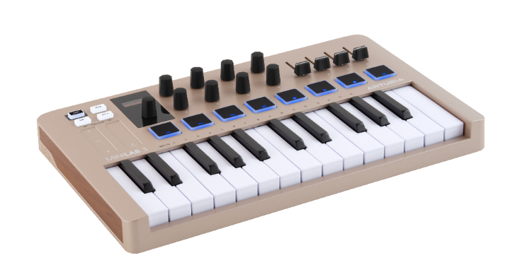 Arturia MiniLab 3 Champagne Edition, controlador MIDI compacto em acabamento cor champagne, com pads RGB e teclas sensíveis à velocidade.