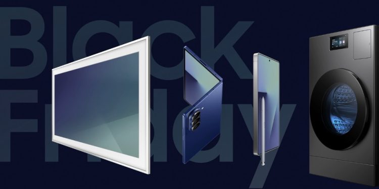Campanha Samsung Black Friday 2025 com promoções, bundles e jogo interativo “Black Week Invaders”.