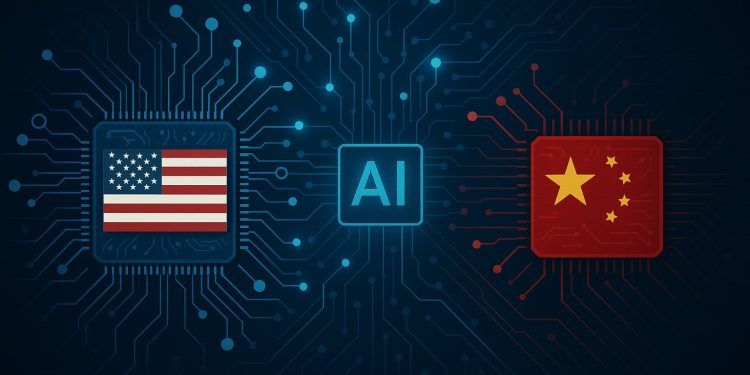 Ilustração conceptual de dois circuitos eletrónicos — um com a bandeira dos EUA, outro com a da China — separados por uma rede digital.