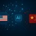 Ilustração conceptual de dois circuitos eletrónicos — um com a bandeira dos EUA, outro com a da China — separados por uma rede digital.