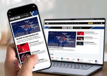 Logo da NBA ao lado do logótipo AWS sobre fundo digital