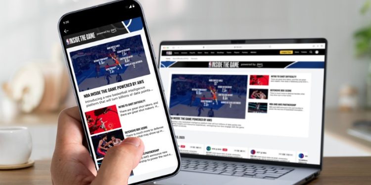 Logo da NBA ao lado do logótipo AWS sobre fundo digital