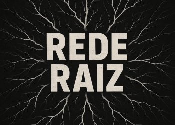 Rede Raiz: Ilustração conceptual de uma rede descentralizada com nós luminosos ligados entre si sobre um fundo escuro.