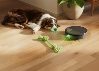 Um cão deitado no chão de uma sala moderna enquanto um robot aspirador limpa discretamente ao fundo.