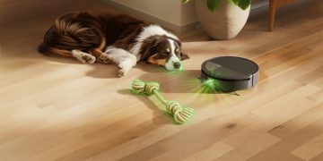 Um cão deitado no chão de uma sala moderna enquanto um robot aspirador limpa discretamente ao fundo.