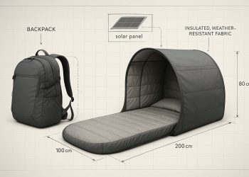 Mochila dobrável transformada em abrigo solar para pessoas sem-abrigo, criada por startup alemã.