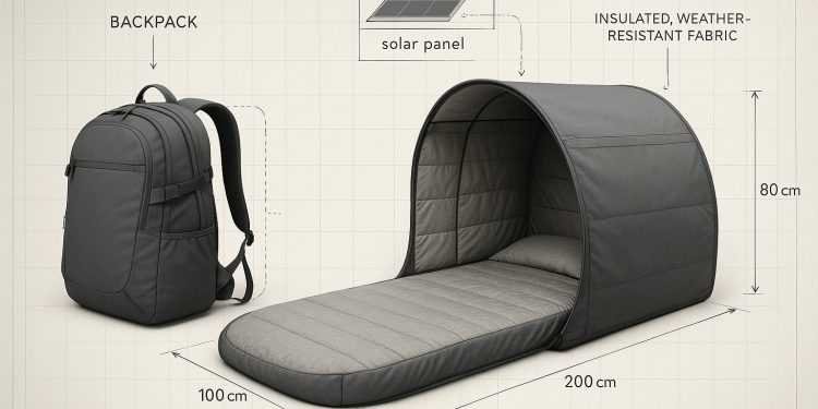 Mochila dobrável transformada em abrigo solar para pessoas sem-abrigo, criada por startup alemã.