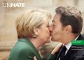 Cartaz da campanha UNHATE da Benetton com dois líderes mundiais a beijarem-se, mensagem sobre tolerância.