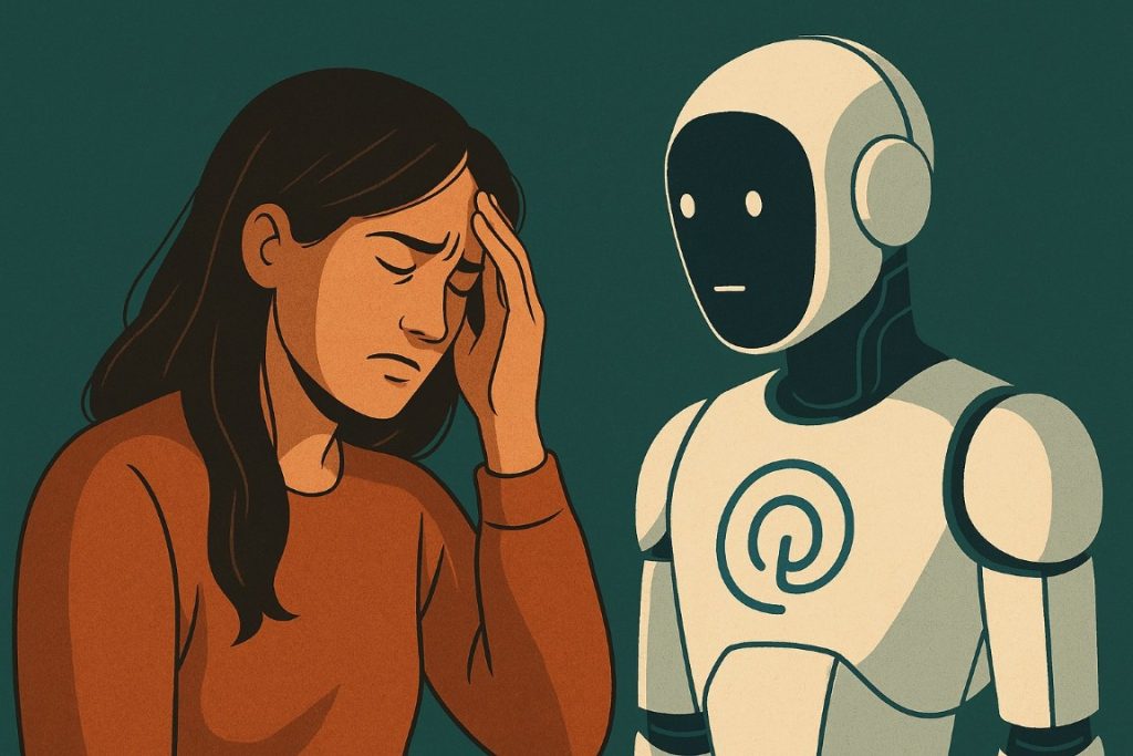 ChatGPT: milhões em crise de Saúde Mental (e a OpenAI admite-o) 2 Ilustração conceptual mostrando uma pessoa sozinha iluminada pelo ecrã, observada por uma presença digital abstrata — simbolizando a relação emocional e inquietante entre humanos e IA.