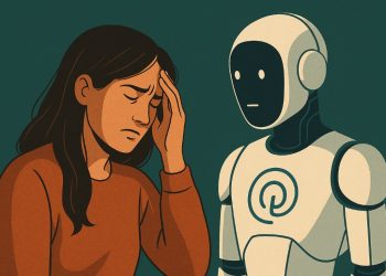 Ilustração conceptual mostrando uma pessoa sozinha iluminada pelo ecrã, observada por uma presença digital abstrata — simbolizando a relação emocional e inquietante entre humanos e IA.