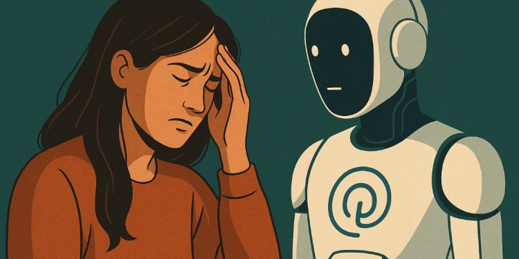ChatGPT: milhões em crise de Saúde Mental (e a OpenAI admite-o) 1 Ilustração conceptual mostrando uma pessoa sozinha iluminada pelo ecrã, observada por uma presença digital abstrata — simbolizando a relação emocional e inquietante entre humanos e IA.