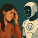 Ilustração conceptual mostrando uma pessoa sozinha iluminada pelo ecrã, observada por uma presença digital abstrata — simbolizando a relação emocional e inquietante entre humanos e IA.