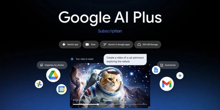 Interface do Google AI Plus com ferramentas de inteligência artificial Gemini, Veo 3 e 200GB de armazenamento em nuvem disponíveis em Portugal Etiquetas: Google AI Plus, Gemini, Port