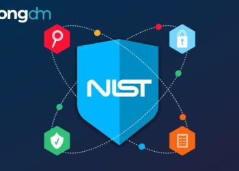 Ilustração do logótipo do NIST dentro de um escudo de segurança, rodeado por ícones de autenticação e segurança digital.