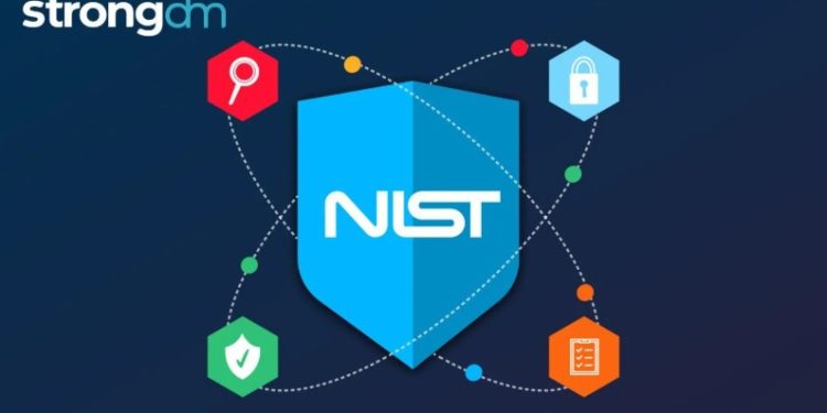 Ilustração do logótipo do NIST dentro de um escudo de segurança, rodeado por ícones de autenticação e segurança digital.