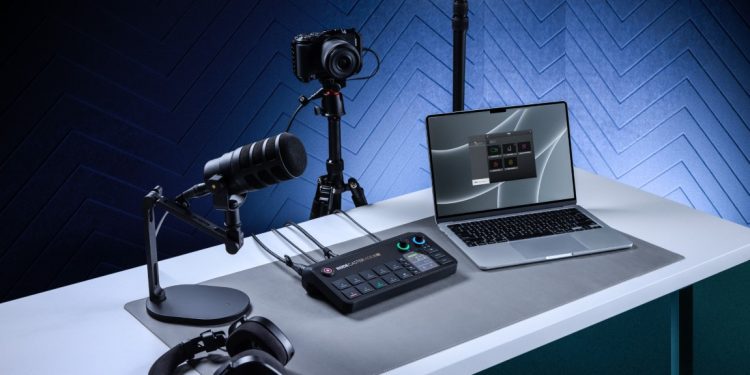 Consola de producção RØDECaster Video S, compacta, com misturador de áudio e vídeo integrados.