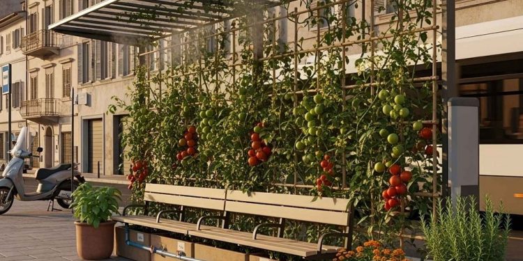Paragem de autocarro em Itália coberta por trepadeiras de tomate, com pessoas à sombra dos ramos verdes