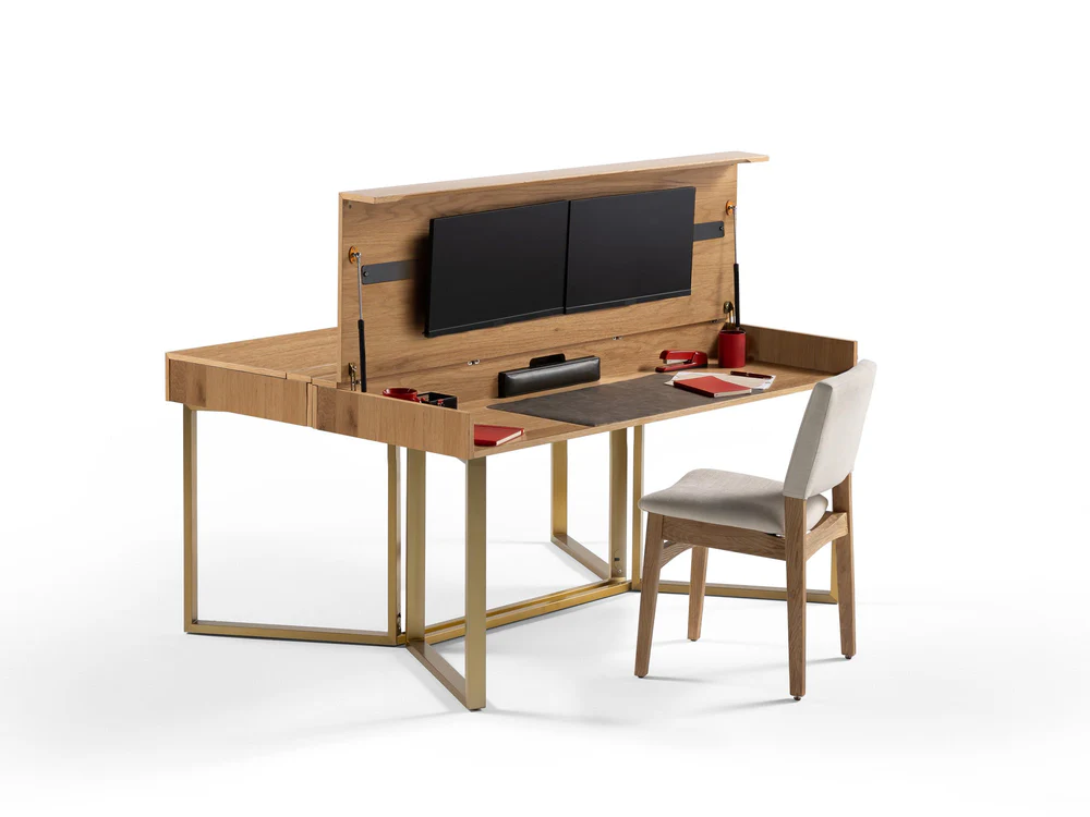 Transformer table to desk scandinavian oak 1 desk open 1 closed 2 monitors chair lifestyle WB 1