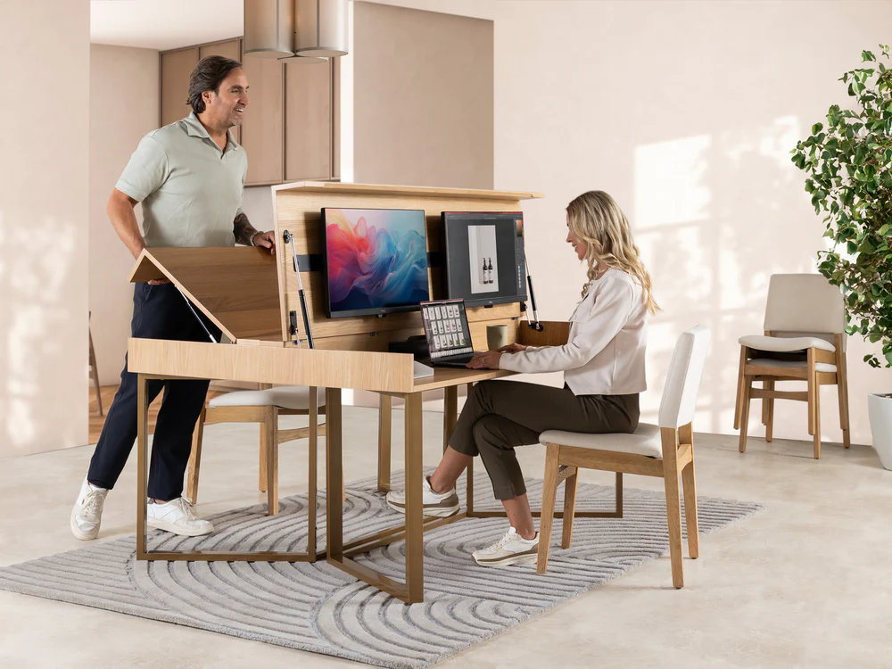 Transformer table to desk scandinavian oak double desk lifestyle 2 models