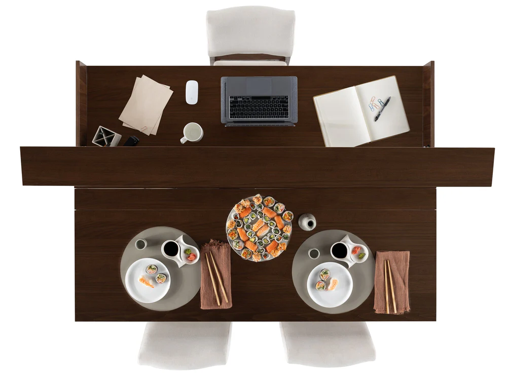 Transofrmer desk to table brazilian sequoia 1 desk closed 1 open lifestyle chairs top view