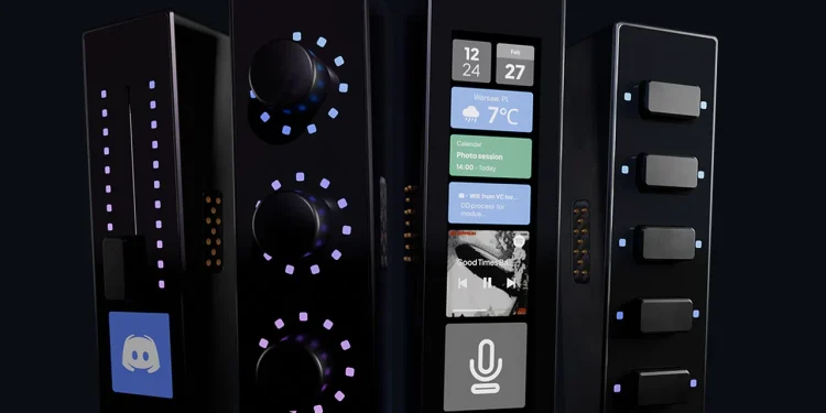 Quatro módulos magnéticos MODUE (One Touch, Click, Spin, Slide) conectados a uma base, demonstrando a sua natureza modular e design elegante.