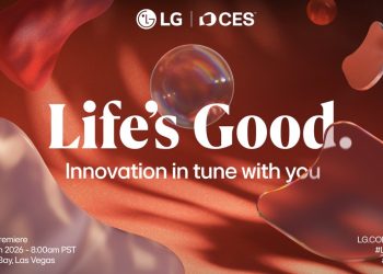 Stand futurista da LG no CES 2026 com elementos digitais gerados por IA.