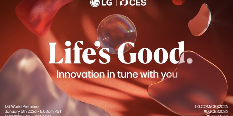 Stand futurista da LG no CES 2026 com elementos digitais gerados por IA.