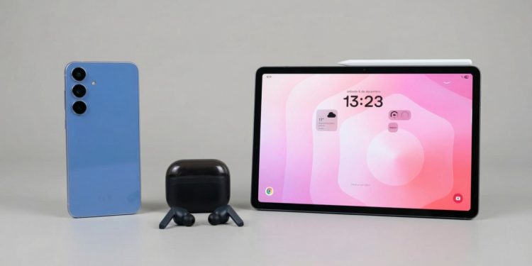 Análise Samsung Fan Edition: o Pack completo 1 Samsung Galaxy S25 FE, Tab S11 e Buds3 FE dispostos juntos mostrando ecossistema Galaxy