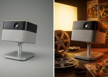 Epson LifeStudio Flex Plus EF-72 projector lifestyle com acabamento prateado, topo em madeira e suporte ajustáve