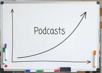 Um microfone profissional para a gravação de podcast com uma interface de áudio e auriculares num estúdio caseiro