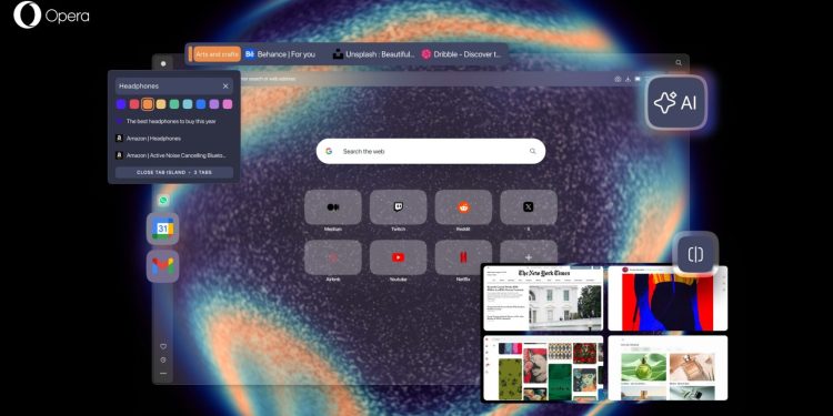 Interface do Opera One R3 com Tab Islands coloridas, botão AI no canto superior e ecrã dividido em quatro