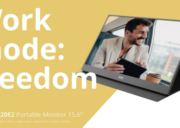 monitor portátil AOC 16T20E2 com ecrã IPS de 15,6 polegadas ligado a um portátil numa mesa de trabalho móvel