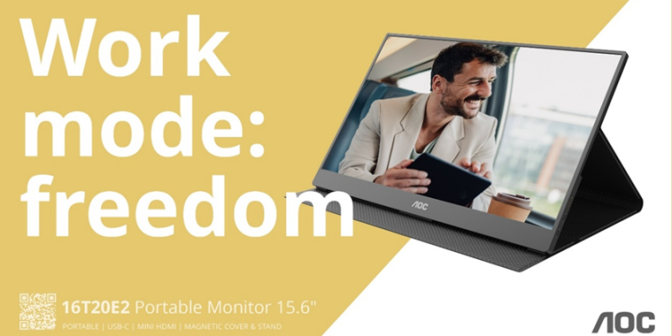 AOC 16T20E2: um segundo ecrã para levar na mochila 1 monitor portátil AOC 16T20E2 com ecrã IPS de 15,6 polegadas ligado a um portátil numa mesa de trabalho móvel