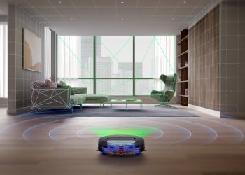 robot aspirador Dyson Spot+Scrub Ai a limpar chão com luz verde e rolo húmido em funcionamento