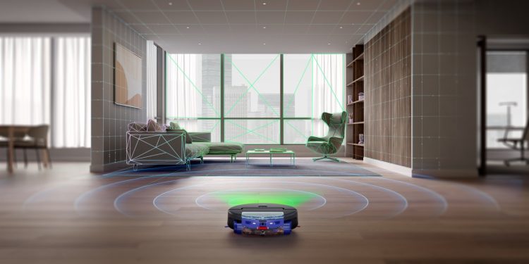 robot aspirador Dyson Spot+Scrub Ai a limpar chão com luz verde e rolo húmido em funcionamento
