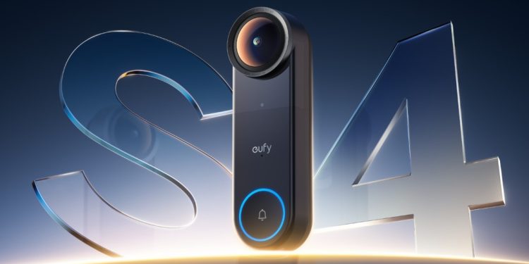 Eufy Video Doorbell S4 com câmara circular e tecnologia AI tracking numa porta de casa inteligente